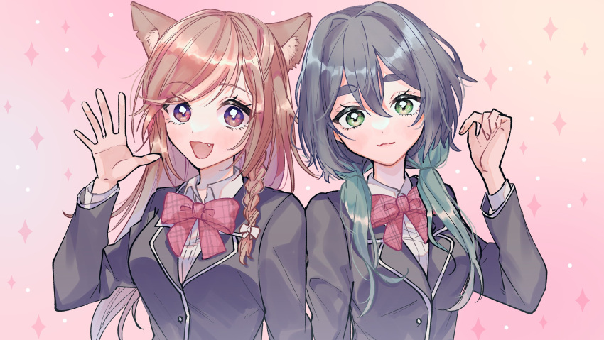2girls, :3, alternate_costume, animal_ear_fluff, animal_ears, bangs, black_jacket, blazer
