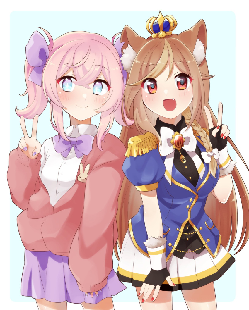 2girls, animal_ear_fluff, animal_ears, bangs, black_shirt, blue_eyes, blue_jacket, bow