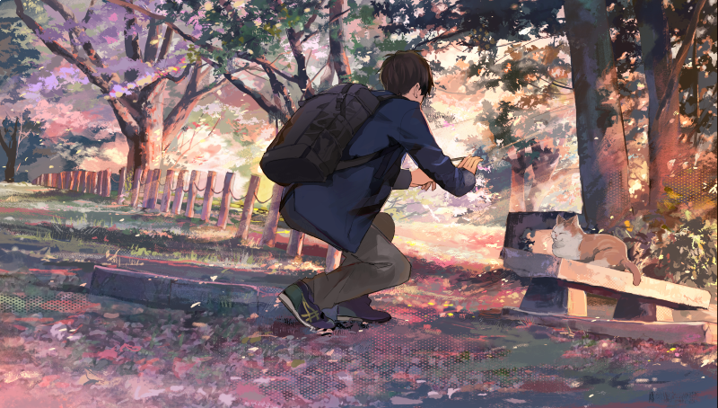 1boy, animal, backpack, bag, bench, black_bag, blue_footwear, blue_jacket