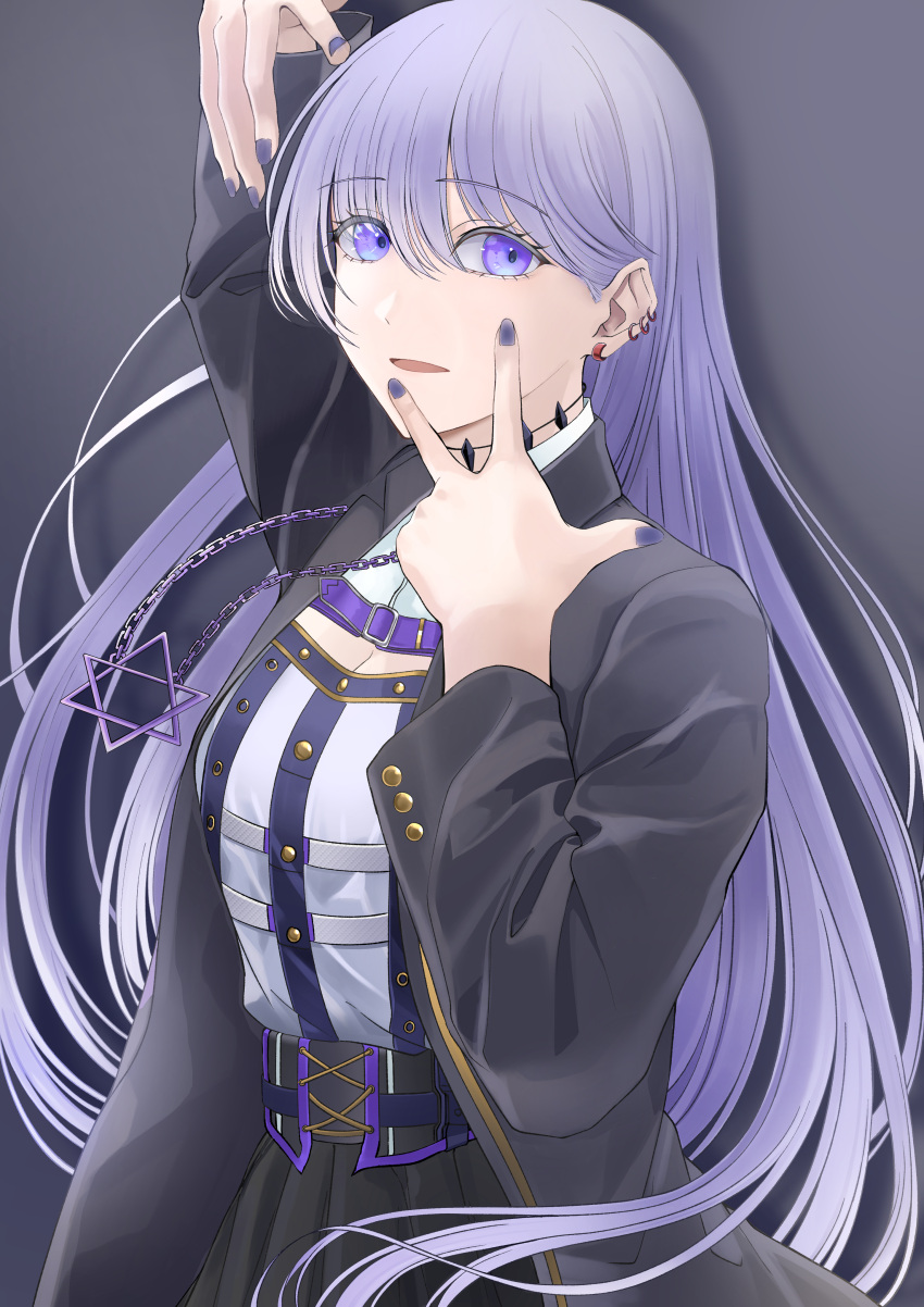 1girl, absurdres, black_jacket, black_skirt, breasts, earrings, eye_piercing, eyebrows_visible_through_hair
