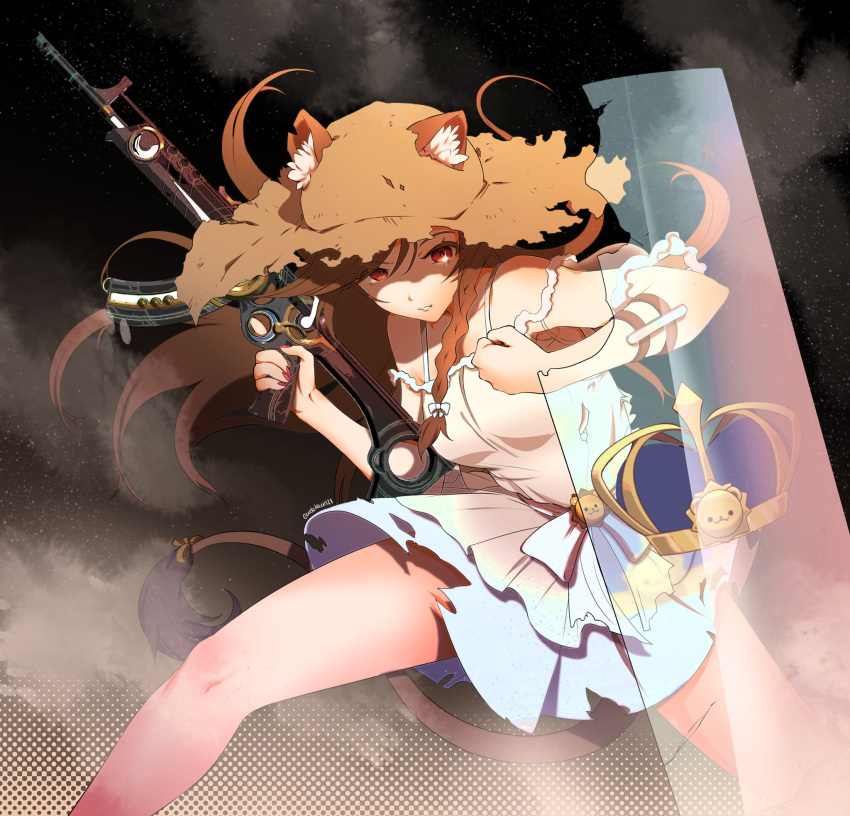 1girl, ak-47, animal_ear_fluff, animal_ears, assault_rifle, bangs, braid, clenched_hand