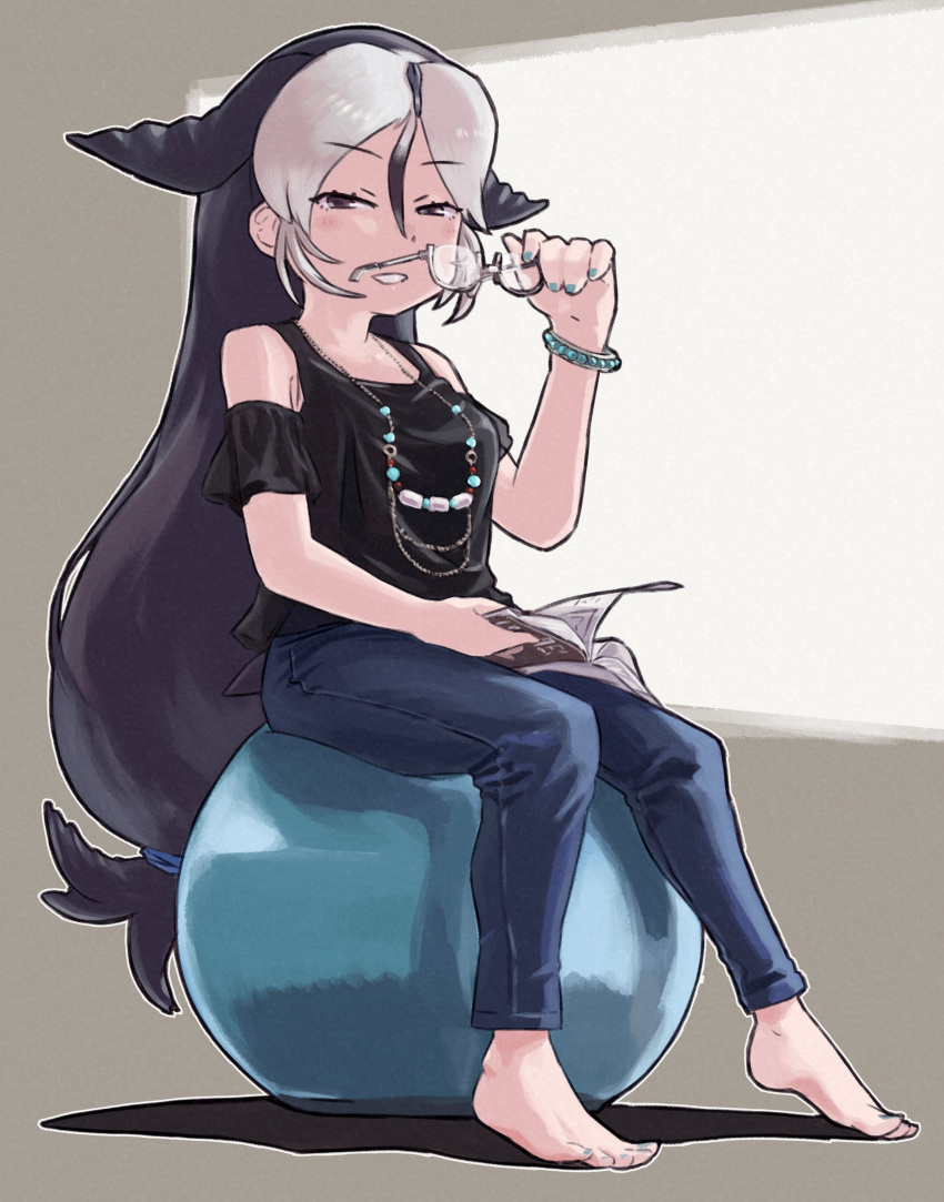 1girl, absurdres, ball, bare_shoulders, barefoot, black_hair, black_shirt, black_sleeves