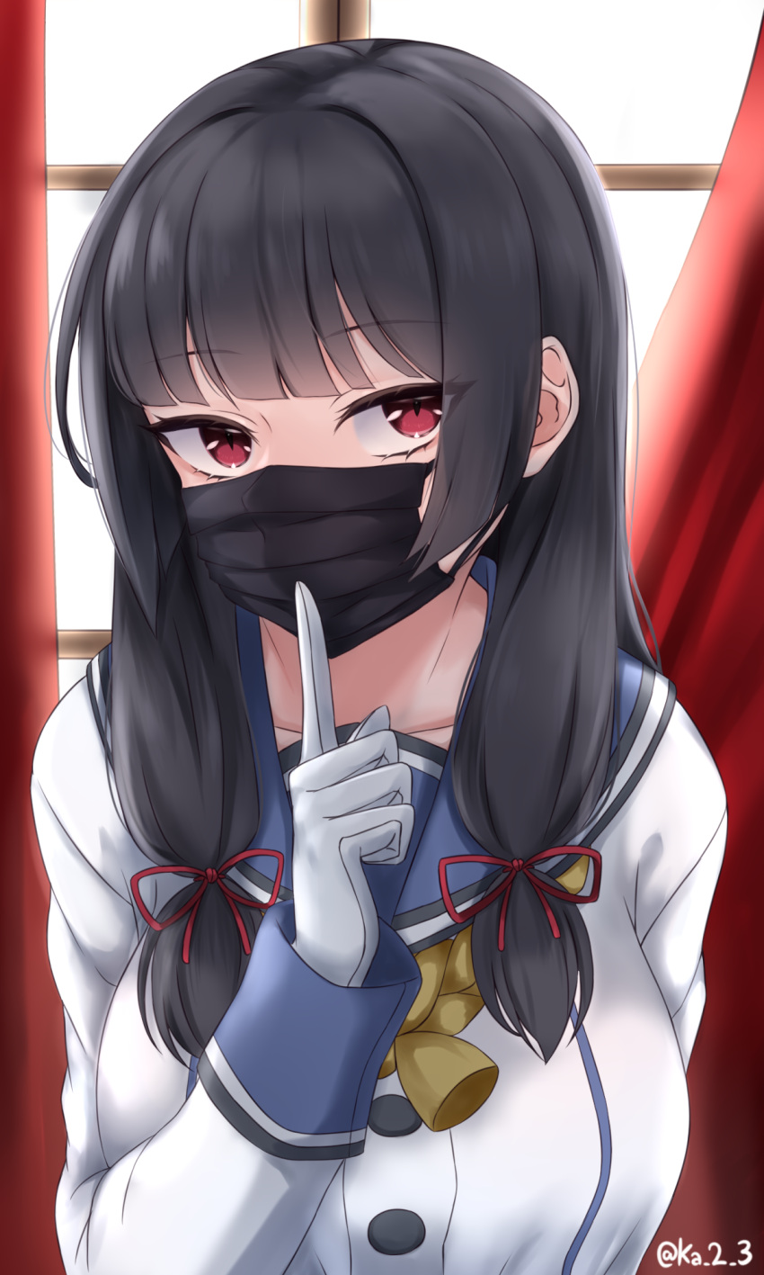 1girl, black_hair, blue_sailor_collar, buttons, collarbone, curtains, eyebrows_visible_through_hair, gloves