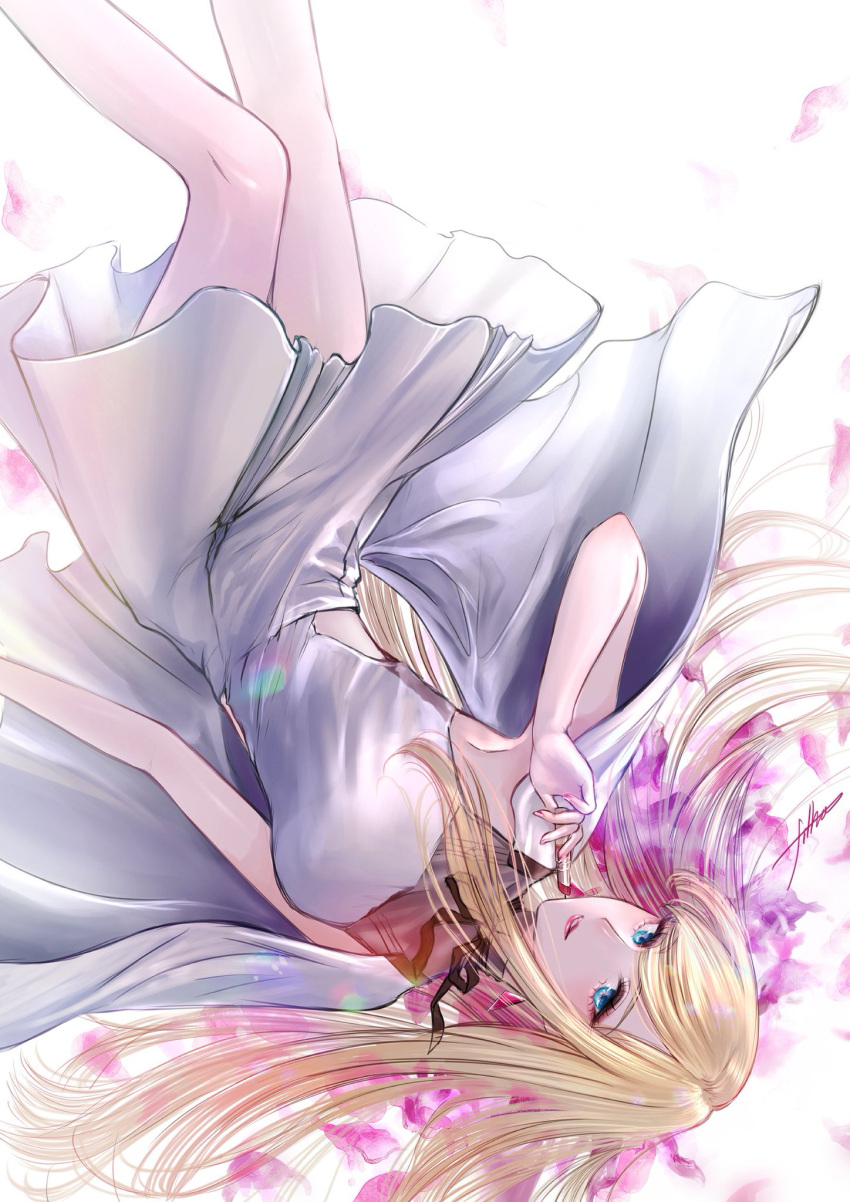 1girl, aqua_eyes, artist_name, blonde_hair, breasts, closed_mouth, cosmetics, dress