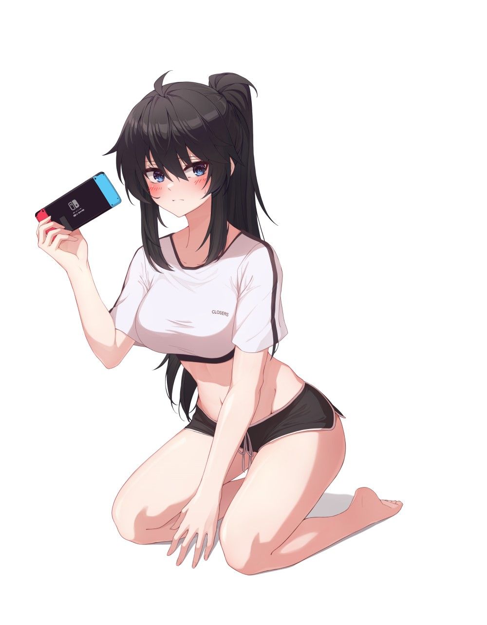 1girl, ahoge, artist_request, bare_arms, barefoot, between_legs, black_hair, black_shorts