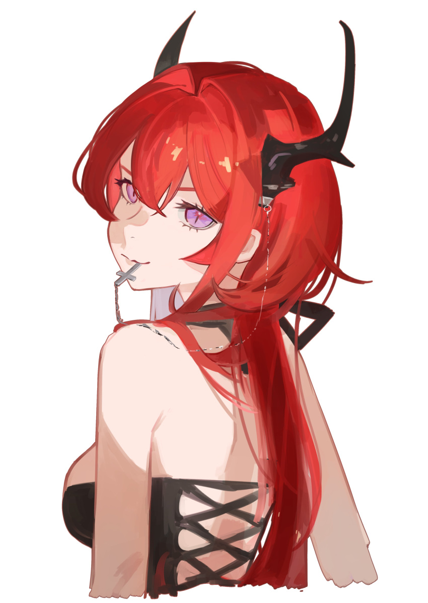 1girl, absurdres, arknights, bangs, bare_shoulders, black_dress, closed_mouth, demon_girl