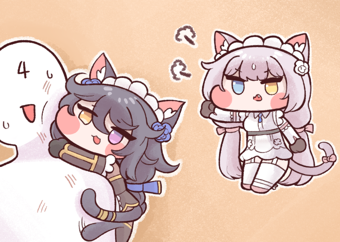 1boy, 2girls, :3, animal_ears, bangs, beige_background, blue_eyes, blush_stickers