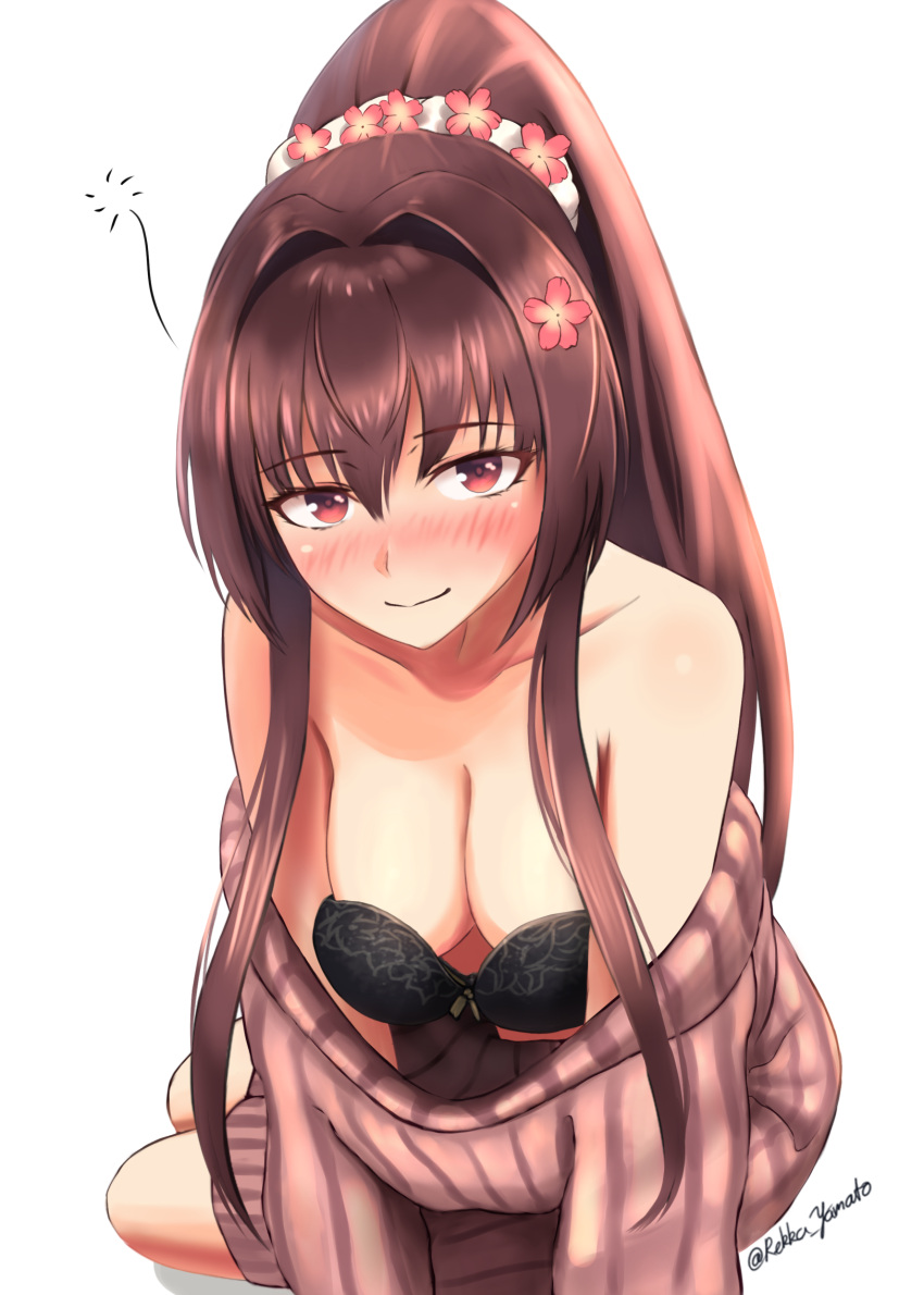1girl, bare_shoulders, black_bra, blush, bra, breasts, brown_hair, cherry_blossoms
