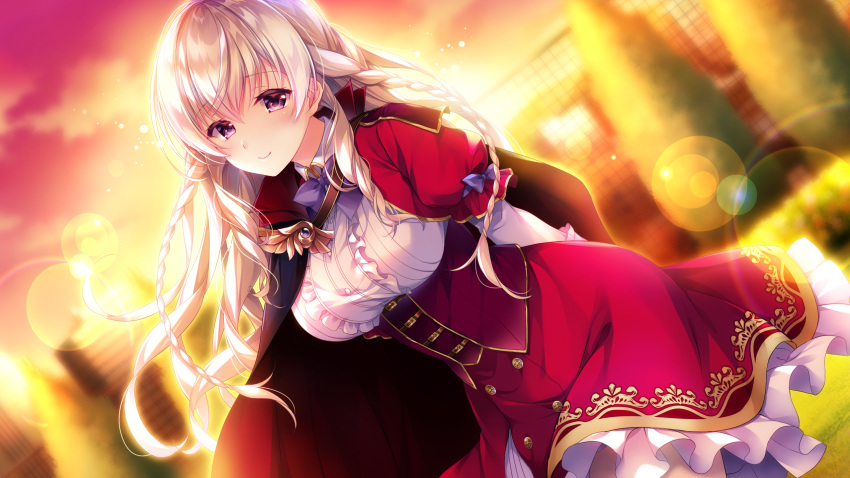 1girl, arms_behind_back, bangs, blurry, blurry_background, breasts, cape, dress_shirt