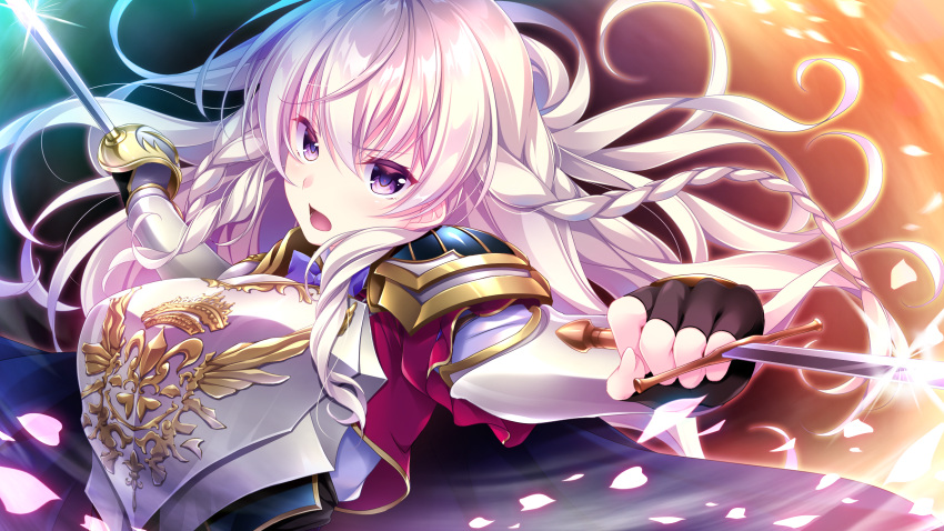1girl, armor, black_gloves, braid, breastplate, dual_wielding, eyebrows_visible_through_hair, fingerless_gloves
