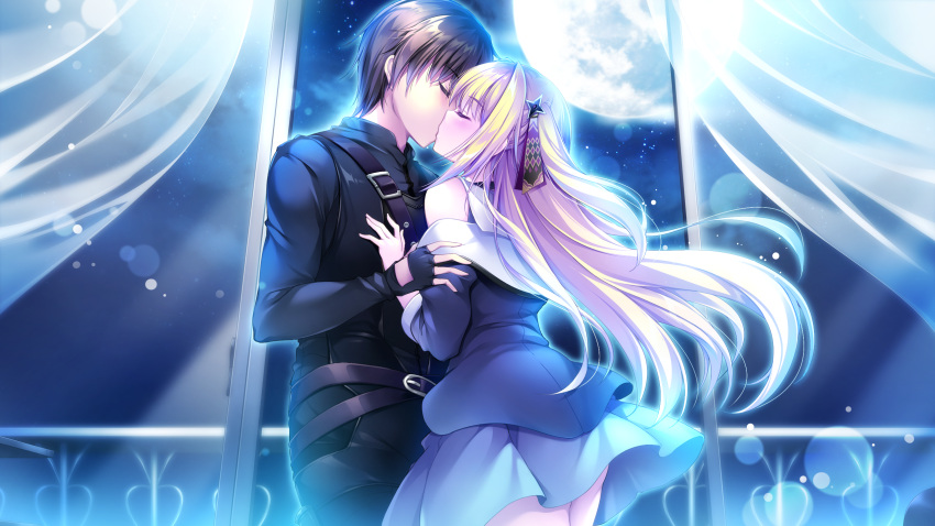1boy, 1girl, black_bodysuit, black_gloves, blue_skirt, bodysuit, brown_hair, closed_eyes, curtains, fingerless_gloves, floating_hair, game_cg, gloves, highres, kanon_mayfield, kiss, lens_flare, long_hair, mikage_jin, miniskirt, moon, official_art, secret_agent_~kishi_gakuen_no_shinobi_naru_mono~, short_hair, silver_hair, skirt, very_long_hair