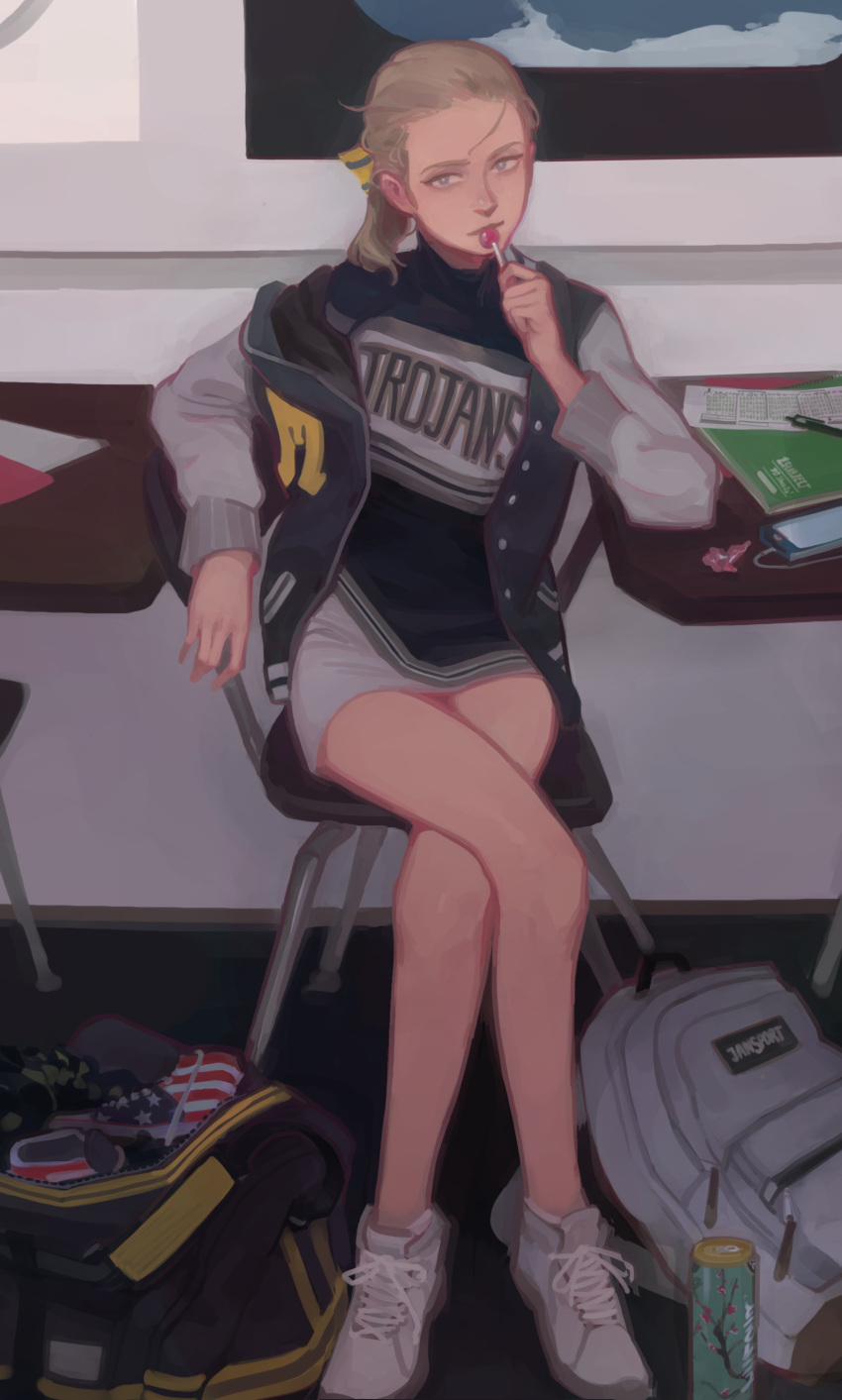 1girl, absurdres, american_flag, arm_rest, backpack, backpack_removed, bag, bare_legs