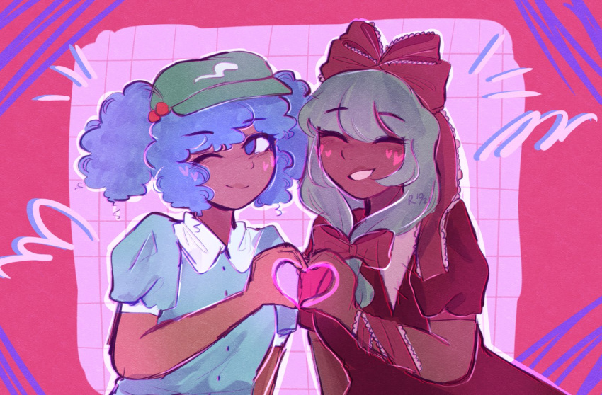 2girls, bangs, blue_dress, blue_eyes, blue_hair, bow, breasts, brown_dress