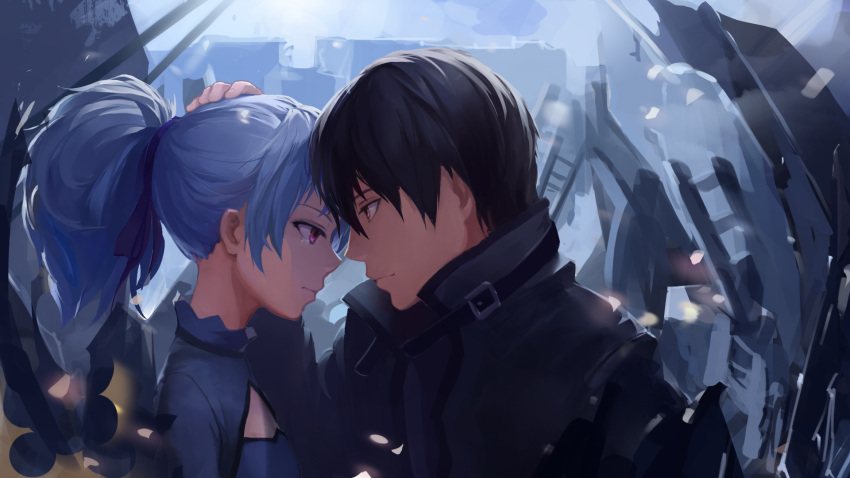 1boy, 1girl, black_hair, closed_mouth, darker_than_black, hair_ribbon, hei_(darker_than_black), highres