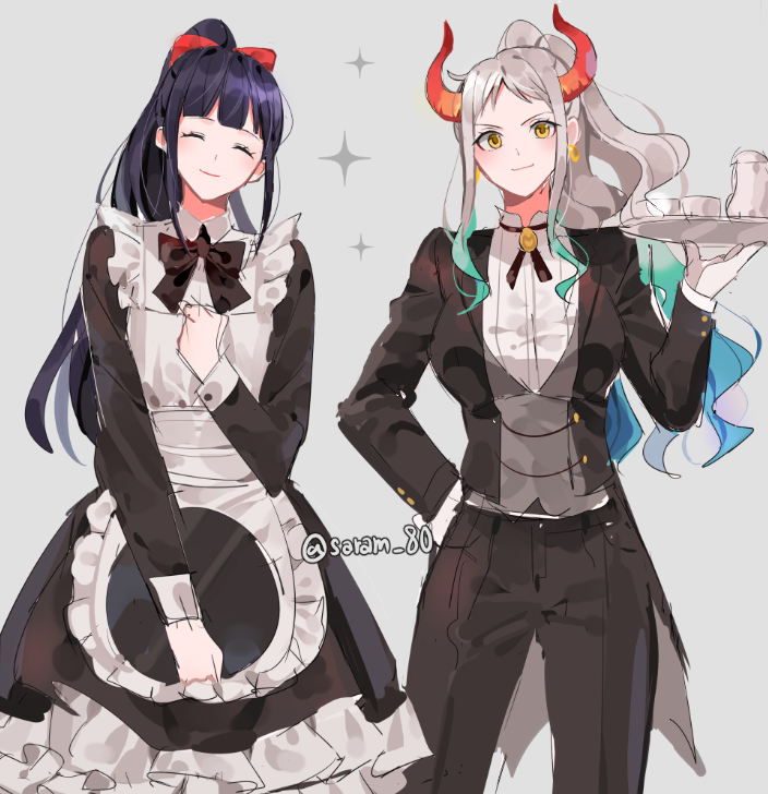 1boy, 1girl, blue_eyes, breasts, curled_horns, earrings, formal, green_hair