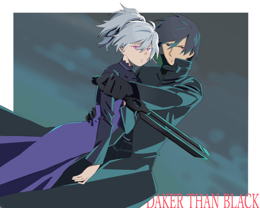 1boy, 1girl, akatsuki_misaki, black_hair, closed_mouth, coat, darker_than_black, dress