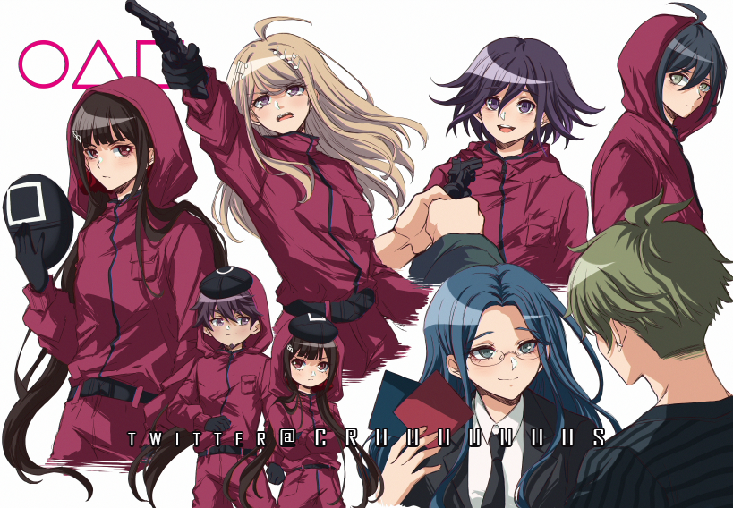3girls, 4boys, :d, ahoge, akamatsu_kaede, amami_rantarou, antenna_hair, bangs