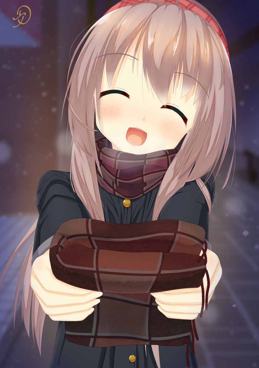 1girl, absurdres, black_jacket, blush, bow, breath, brown_hair, brown_scarf