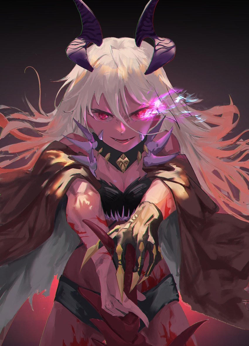 1girl, breasts, cape, collar, colored_skin, dark_magician_beth, demon_girl, demon_horns, flaming_eye, frs, grin, guardian_tales, highres, holding, holding_sword, holding_weapon, horns, long_hair, looking_at_viewer, multicolored_hair, painting_(medium), purple_skin, scar, simple_background, sleeveless, smile, sword, traditional_media, weapon