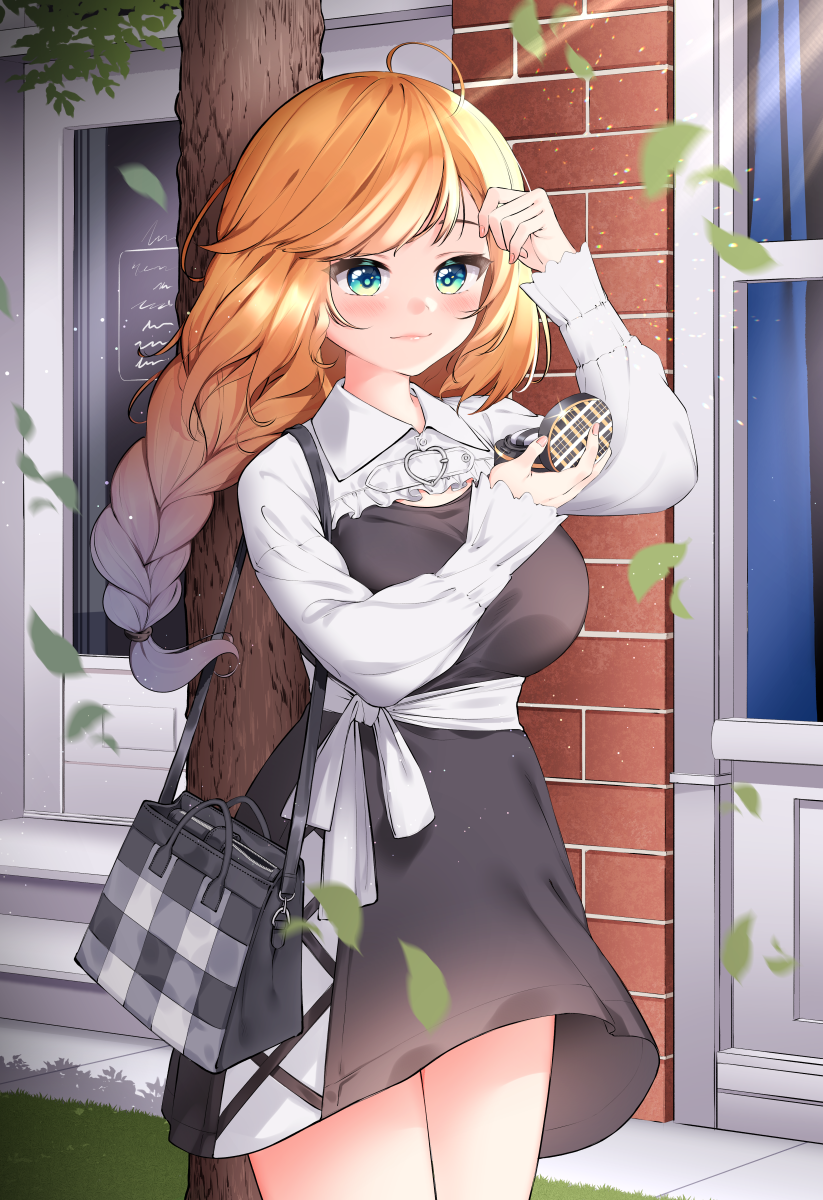 1girl, ahoge, bag, bangs, benevolent_leanne, black_dress, blue_eyes, blush, braid, brick_wall, dress, ere58531, eyebrows_visible_through_hair, floating_hair, hand_mirror, handbag, highres, last_origin, long_hair, looking_down, mirror, shrug_(clothing), solo, tree, window