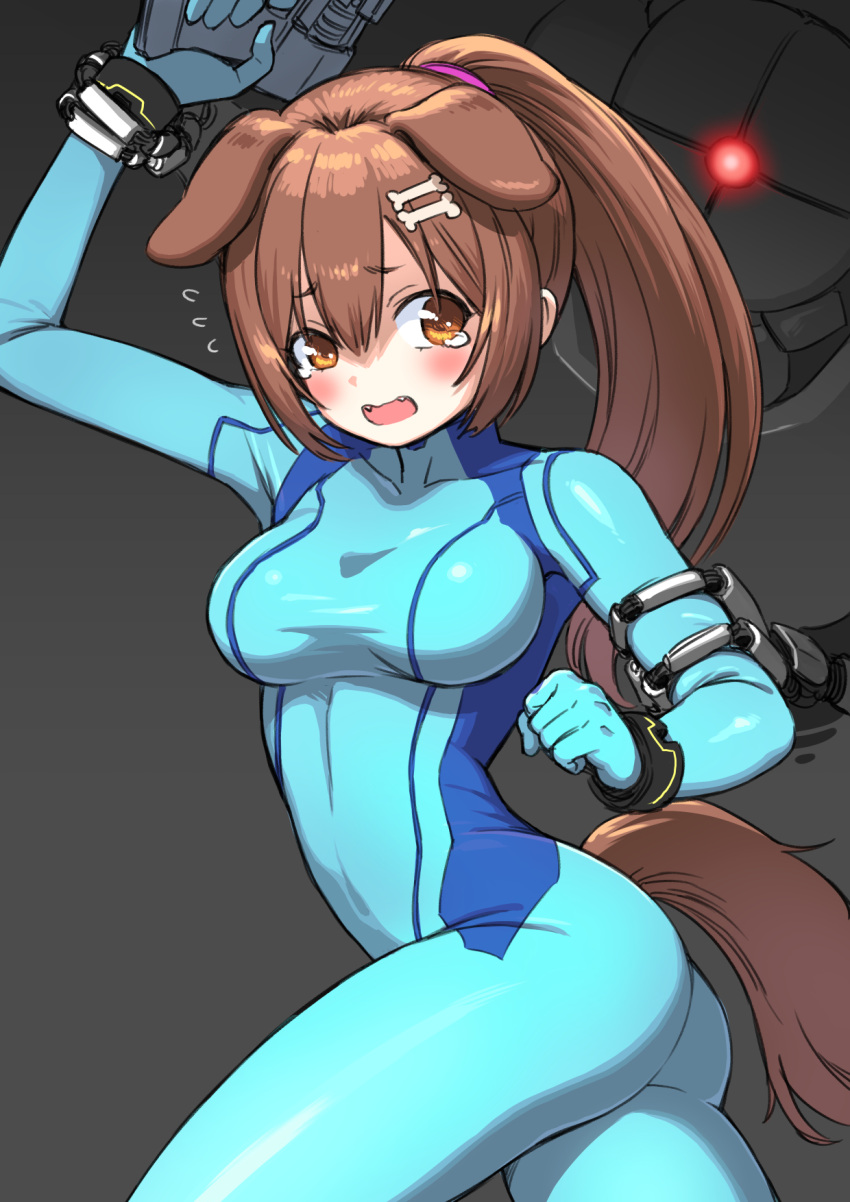 1girl, animal_ears, ass, blue_bodysuit, blush, bodysuit, bone_hair_ornament, braid