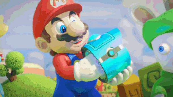 3d, animated_gif, crossover, holding_weapon, mario, rabbid, rabbid_luigi, rabbid_peach, super_mario_bros.