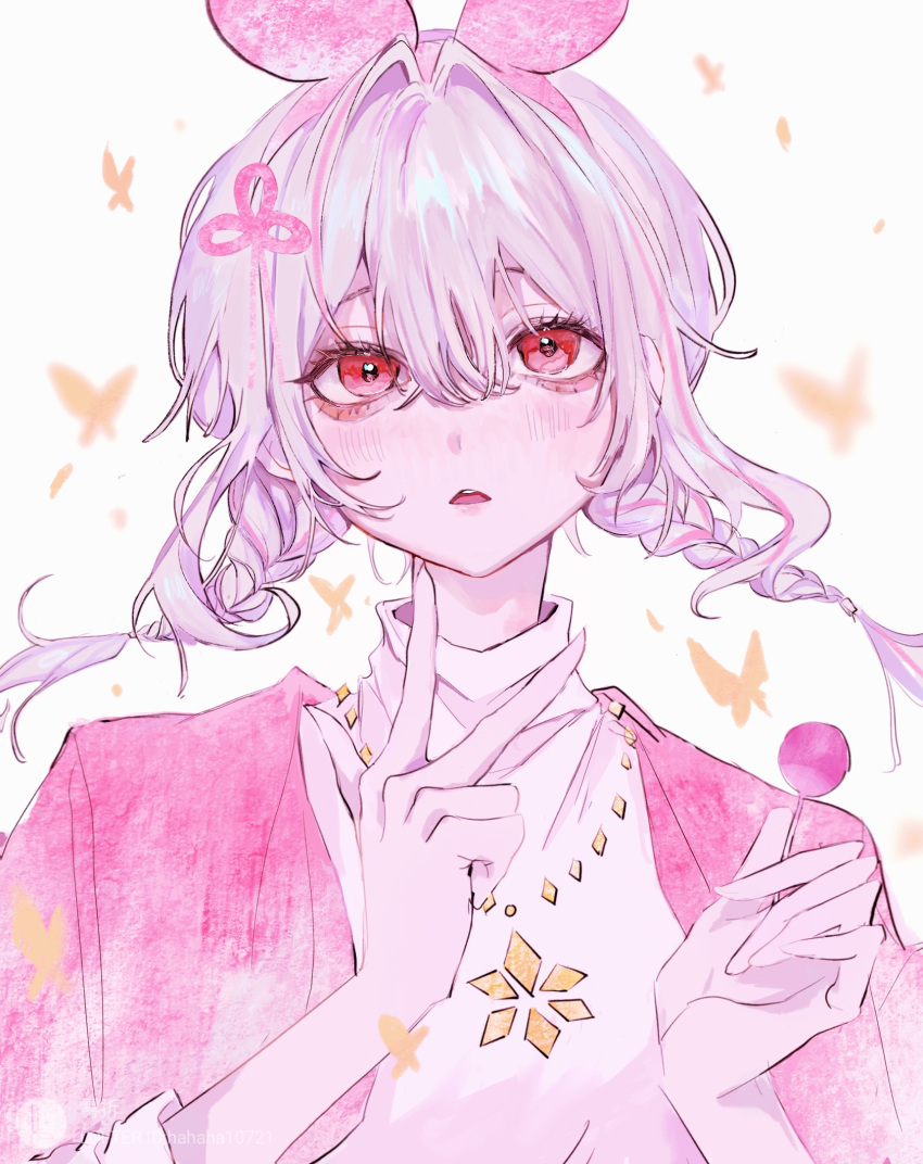 1girl, arms_up, blush, braid, bug, butterfly, candy, cape