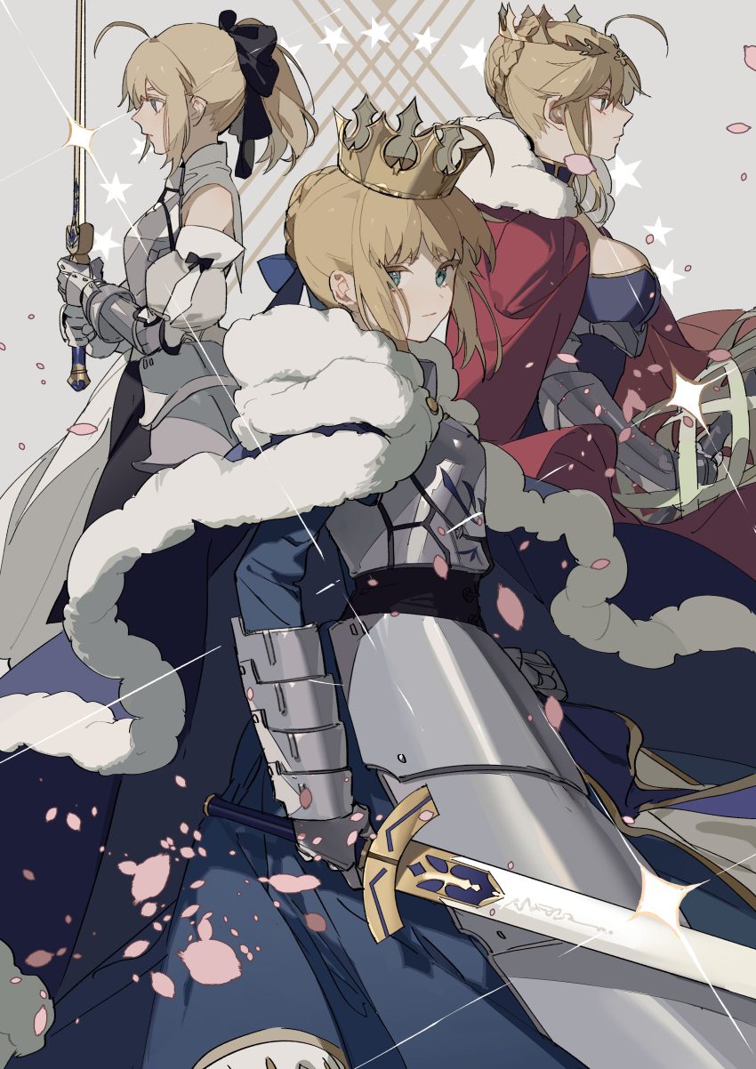 3girls, absurdres, ahoge, armor, armored_dress, artoria_pendragon_(fate), artoria_pendragon_(lancer)_(fate), bare_shoulders