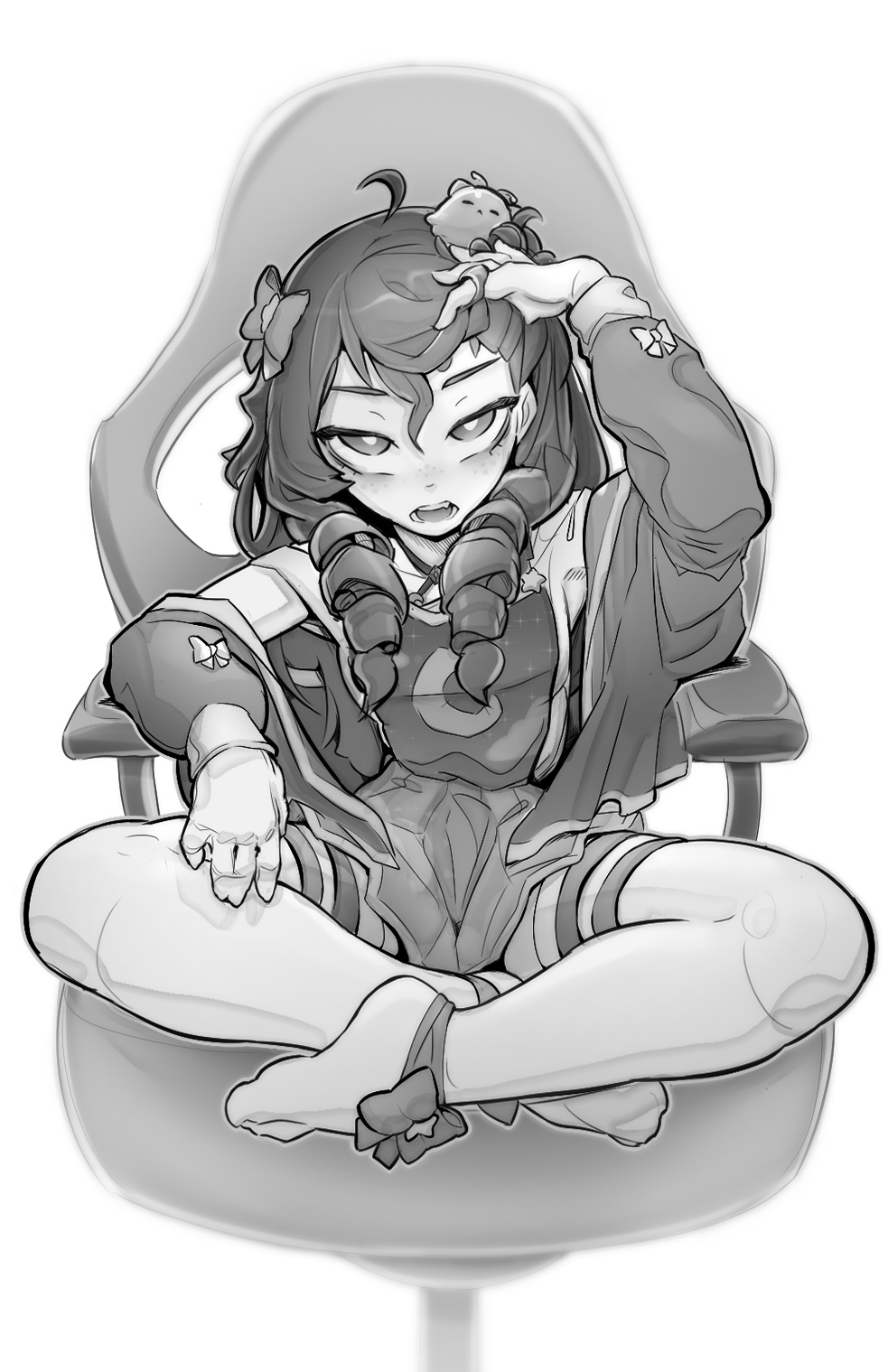 ahoge, ankle_bow, bangs, blob, bow, centi_(nimu), chair, curly_hair, dress, fang, gaming_chair, glitchrod, hair_bow, hair_tucking, hair_twirling, hand_in_hair, highres, hood, hooded_jacket, indian_style, jacket, legs, long_hair, long_sleeves, moon_print, nimu_(vtuber), no_shoes, off-shoulder_shirt, off_shoulder, open_mouth, ringlets, shirt, sitting, starry_sky_print, teeth, thigh-highs, thigh_strap, white_legwear