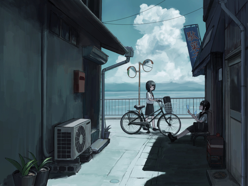 2girls, bag, bangs, bicycle, bicycle_basket, black_eyes, black_hair, black_sailor_collar, black_skirt, breasts, building, closed_mouth, clouds, cloudy_sky, commentary_request, day, doorway, food, grey_shirt, ground_vehicle, hands_up, highres, holding, holding_food, leaf, looking_at_another, multiple_girls, neckerchief, ocean, original, outdoors, pipes, plant, pleated_skirt, popsicle, potted_plant, power_lines, pushing_bicycle, railing, red_neckwear, sailor_collar, sakiika0513, scenery, school_bag, school_uniform, serafuku, shade, shirt, short_hair, short_sleeves, sign, sitting, skirt, sky, small_breasts, smile, standing, stool, traffic_mirror, wide_shot