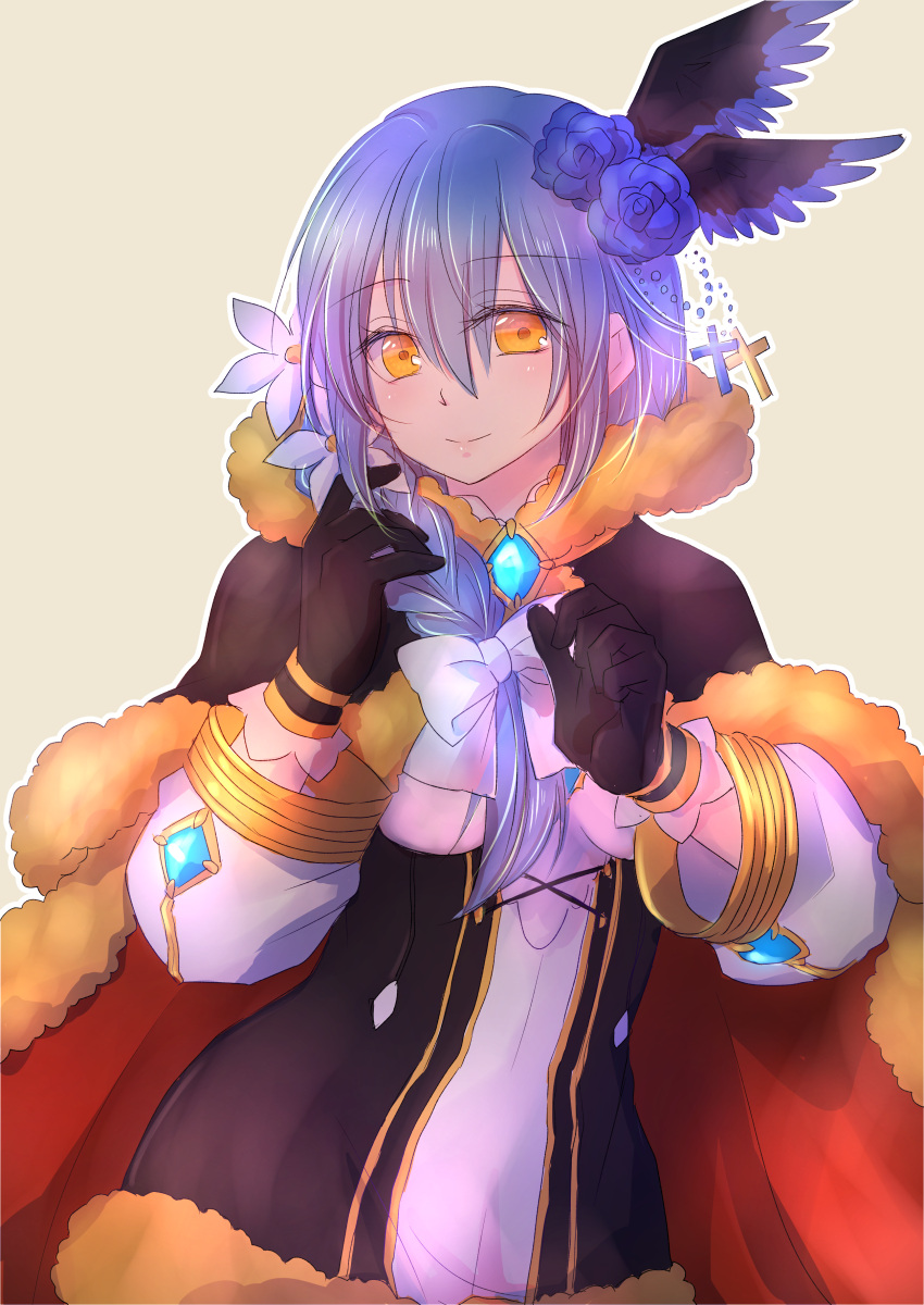 1girl, absurdres, bangs, black_cape, black_dress, black_gloves, black_wings, blue_flower, blue_hair, blue_wings, blush, brown_background, cape, closed_mouth, commentary_request, cowboy_shot, cross, dress, eyebrows_visible_through_hair, eyes_visible_through_hair, flower, fur-trimmed_cape, fur-trimmed_dress, fur_trim, gloves, gold_trim, hair_between_eyes, hair_flower, hair_ornament, hand_wings, highres, looking_at_viewer, manoji, official_alternate_costume, ragnarok_online, red_cape, short_dress, short_hair, simple_background, smile, solo, two-sided_cape, two-sided_fabric, two-tone_dress, two-tone_wings, warlock_(ragnarok_online), white_dress, wings, yellow_eyes