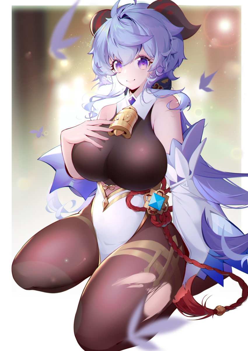 1girl, 7inr1n, absurdres, ahoge, bangs, bell, black_bodysuit, blue_hair