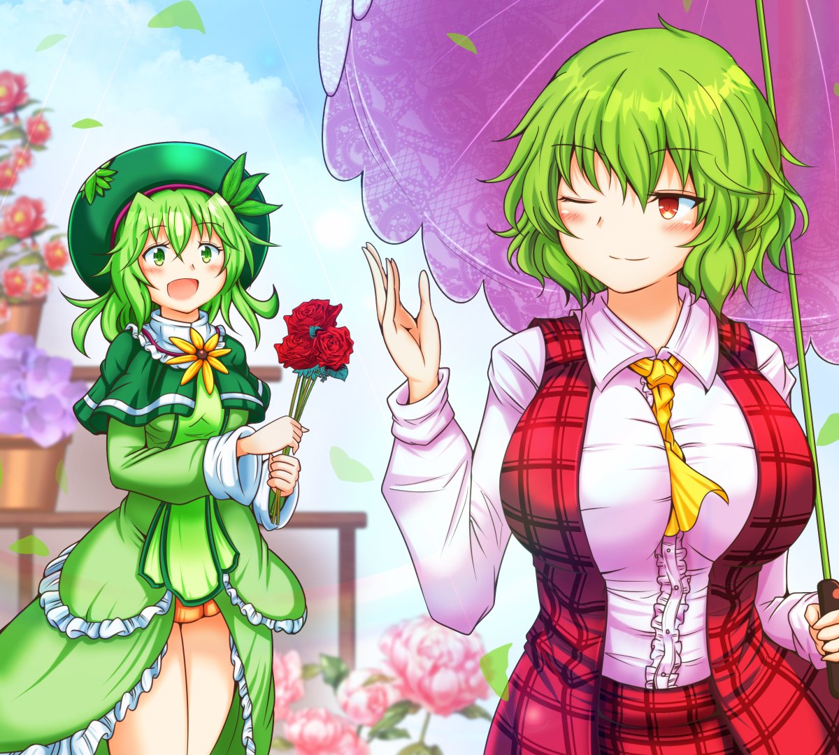 2girls, ascot, character_request, copyright_request, erechan, flower, green_hair, kazami_yuuka, multiple_girls, open_clothes, open_vest, plaid, plaid_skirt, plaid_vest, red_vest, short_hair, skirt, sunflower, touhou, umbrella, vest