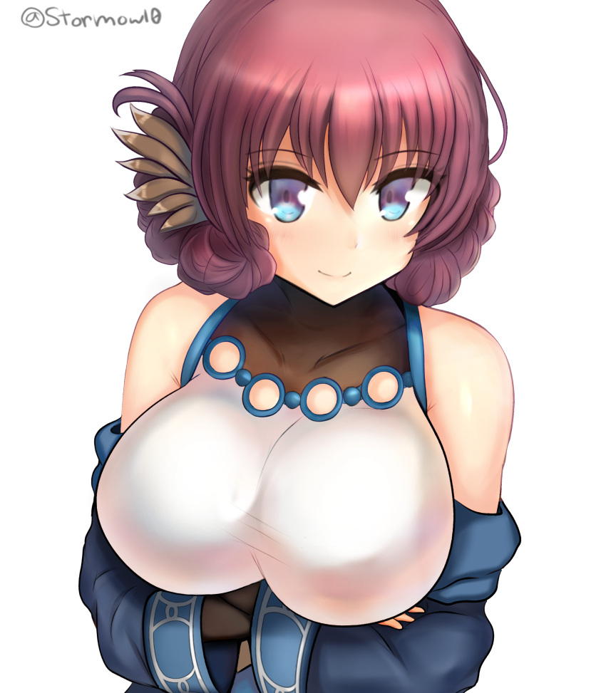 1girl, absurdres, bare_shoulders, blue_eyes, blue_kimono, braid, braided_bun, breasts