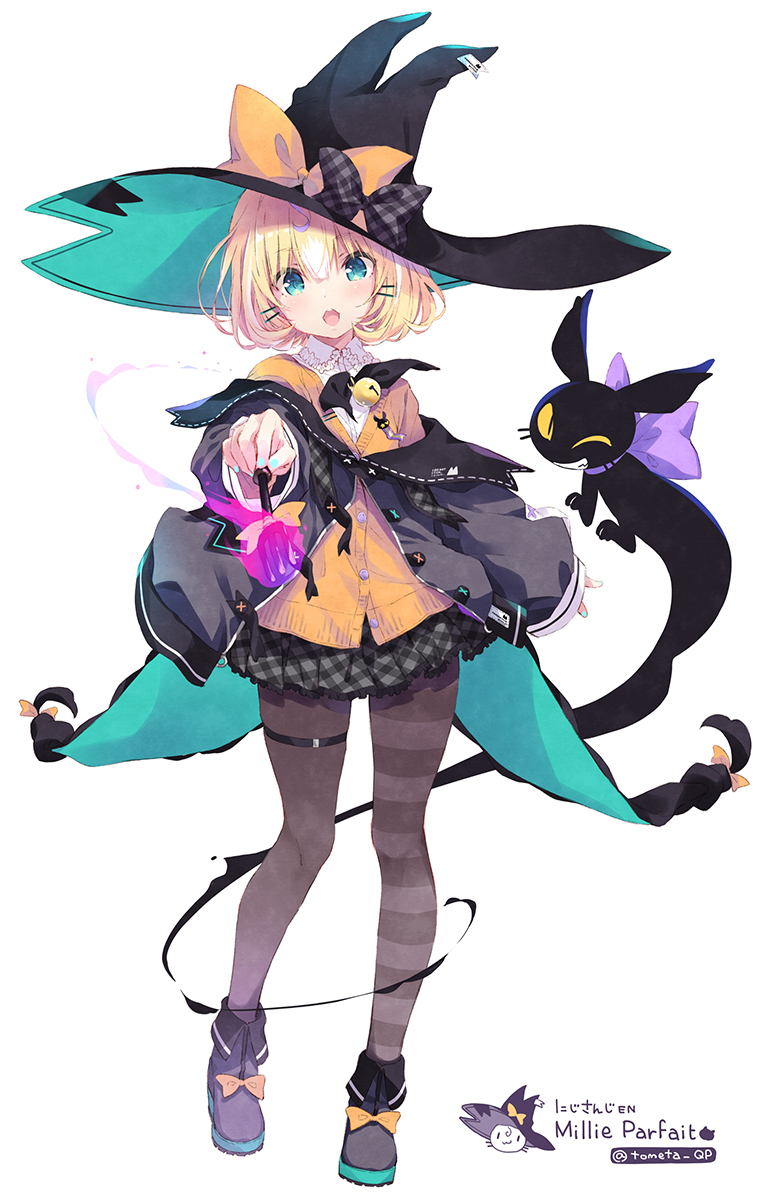 1girl, :o, bangs, bell, black_bow, black_cat, black_headwear, black_jacket, black_legwear, black_skirt, bow, cat, character_name, collared_shirt, flat_chest, green_eyes, hat, head_tilt, highres, jacket, looking_at_viewer, lucie_(millie_parfait), millie_parfait, nijisanji, nijisanji_en, off-shoulder_jacket, off_shoulder, ohara_tometa, open_mouth, orange_bow, orange_sweater, pantyhose, shirt, skirt, solo, sweater, thigh_strap, twitter_username, virtual_youtuber, white_background, white_shirt, witch_hat