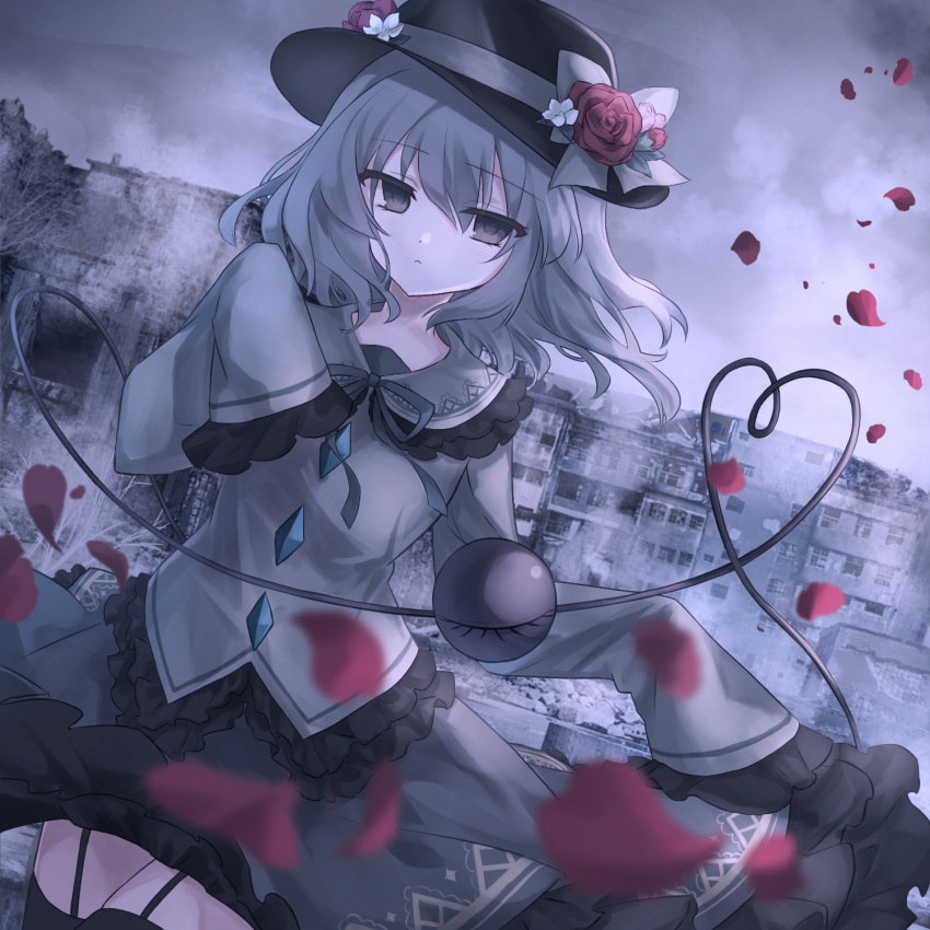 1girl, bangs, black_headwear, black_legwear, black_skirt, building, closed_eyes, clouds