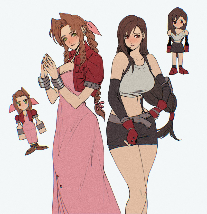 2girls, aerith_gainsborough, bangs, belt, black_skirt, braid, braided_ponytail, breasts, brown_hair, comparison, crop_top, cropped_jacket, dress, earrings, elbow_gloves, elbow_pads, english_commentary, final_fantasy, final_fantasy_vii, final_fantasy_vii_remake, fingerless_gloves, gloves, green_eyes, hair_ribbon, hand_on_hip, highres, hoop_earrings, jacket, jewelry, large_breasts, long_hair, looking_at_viewer, low-tied_long_hair, medium_breasts, midriff, miniskirt, multiple_girls, navel, parted_bangs, pink_dress, pink_ribbon, red_eyes, red_jacket, ribbon, sera_(serappi), simple_background, skirt, sleeveless, steepled_fingers, suspender_skirt, suspenders, swept_bangs, tank_top, tifa_lockhart, tri_drills, white_background, white_tank_top