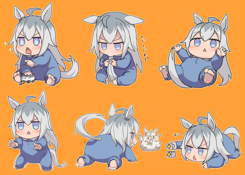 +_+, 2girls, ahoge, all_fours, animal_ears, baby, balancing, banana