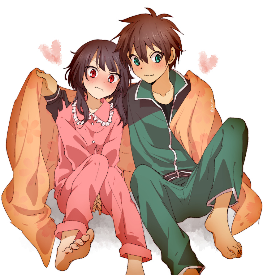 1boy, 1girl, banchii, barefoot, blanket, blush, brown_hair, closed_mouth, embarrassed, feet, green_eyes, green_pants, heart, highres, jacket, knees_up, kono_subarashii_sekai_ni_shukufuku_wo!, megumin, pajamas, pants, pink_pajamas, pink_pants, pink_shirt, red_eyes, satou_kazuma, shirt, short_hair, short_hair_with_long_locks, simple_background, sitting, sleepwear, soles, toes, track_jacket, track_suit, v_arms, white_background
