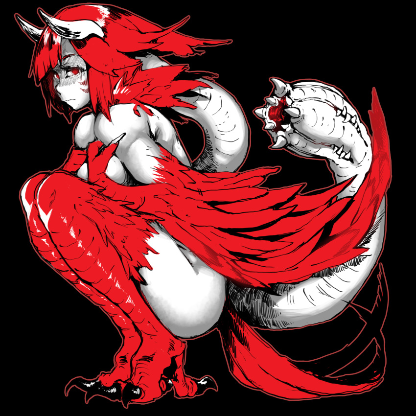 1girl, bangs, bird_legs, bird_tail, black_background, breasts, claws, commentary