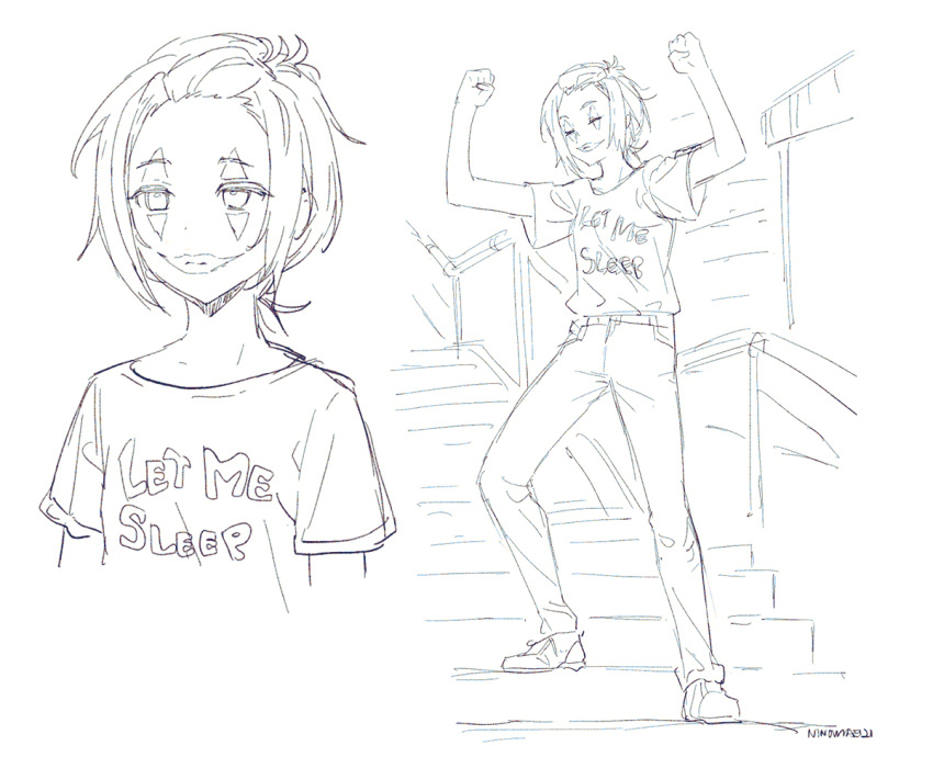 arms_up, arthur_fleck, blank_stare, clenched_hands, closed_eyes, closed_mouth, dancing, facepaint