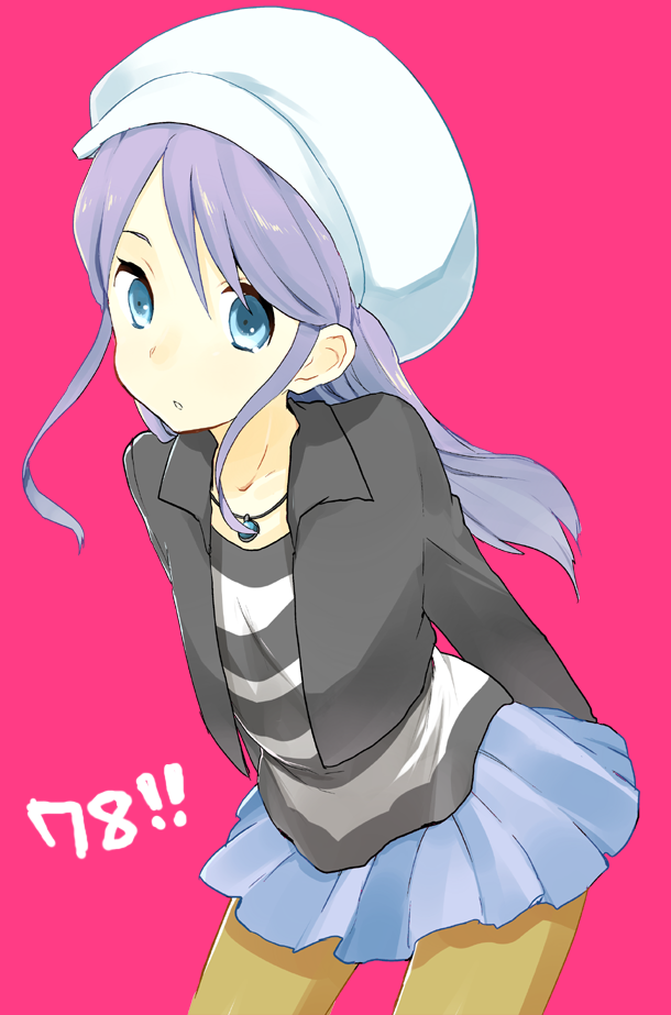 blue_eyes, ecocube, hat, inazuma_eleven, jacket, kudou_fuyuka, leaning_forward, loli, long_hair, pantyhose, purple_hair, short_skirt, skirt, striped, striped_shirt, tan_pantyhose