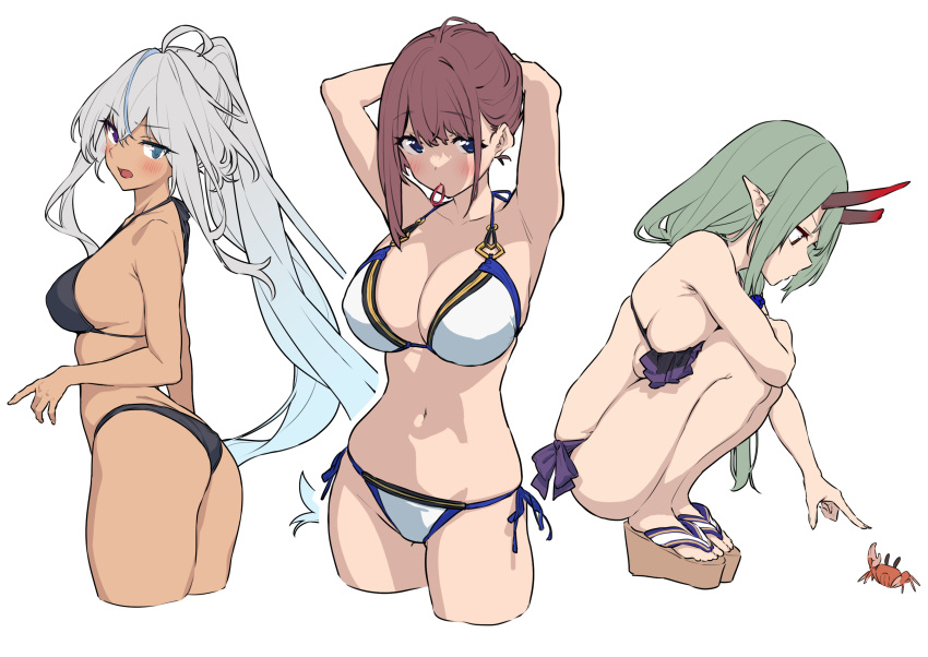 3girls, absurdres, akari_(baffu), baffu, bikini, breasts, full_body, green_hair