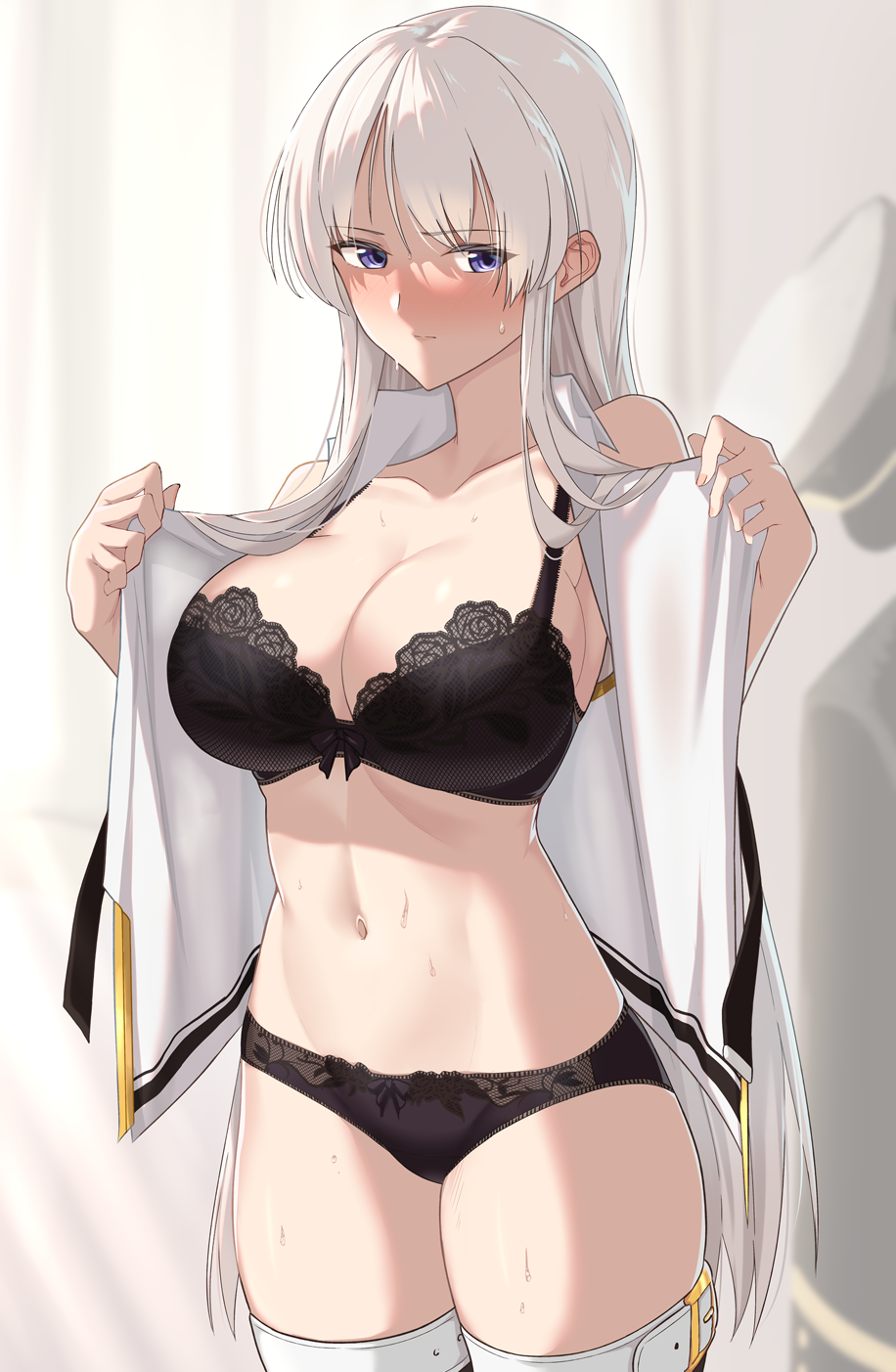 1girl, azur_lane, bangs, bare_shoulders, belt, black_bra, black_jacket, black_legwear, black_panties, blue_eyes, blush, bow, bow_panties, bra, breasts, closed_mouth, collarbone, collared_shirt, cowboy_shot, eagle_union_(emblem), enterprise_(azur_lane), eyebrows_visible_through_hair, gold_trim, hat, highres, jacket, lace-trimmed_bra, lace_trim, large_breasts, long_hair, morino_(harpoomoss), navel, nose_blush, open_clothes, open_shirt, panties, peaked_cap, shirt, sideboob, silver_hair, sleeveless, sleeveless_shirt, solo, stomach, sweat, thigh-highs, thighs, toned, twitter_username, underwear, undressing, very_long_hair, white_belt, white_hair, white_headwear, white_shirt