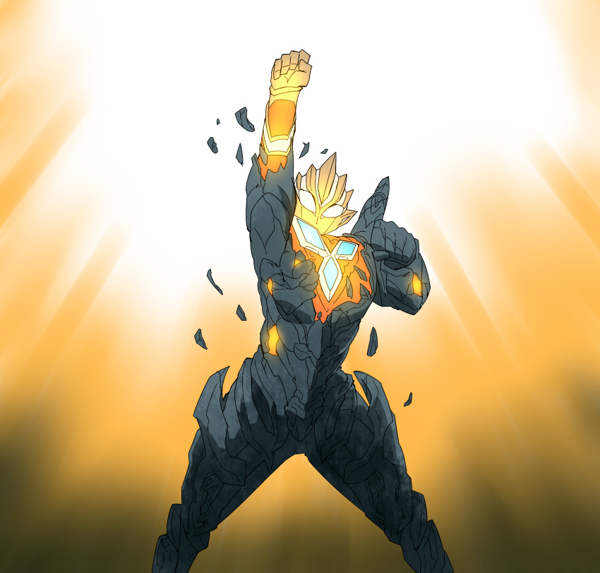 1boy, absurdres, alien, arm_up, color_timer, commentary_request, crack, glitter_trigger_eternity