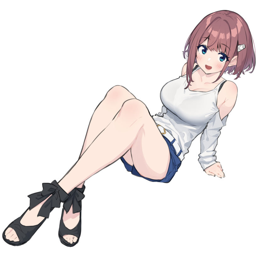 1girl, absurdres, alternate_costume, arm_support, baffu, bare_shoulders, belt, blue_eyes
