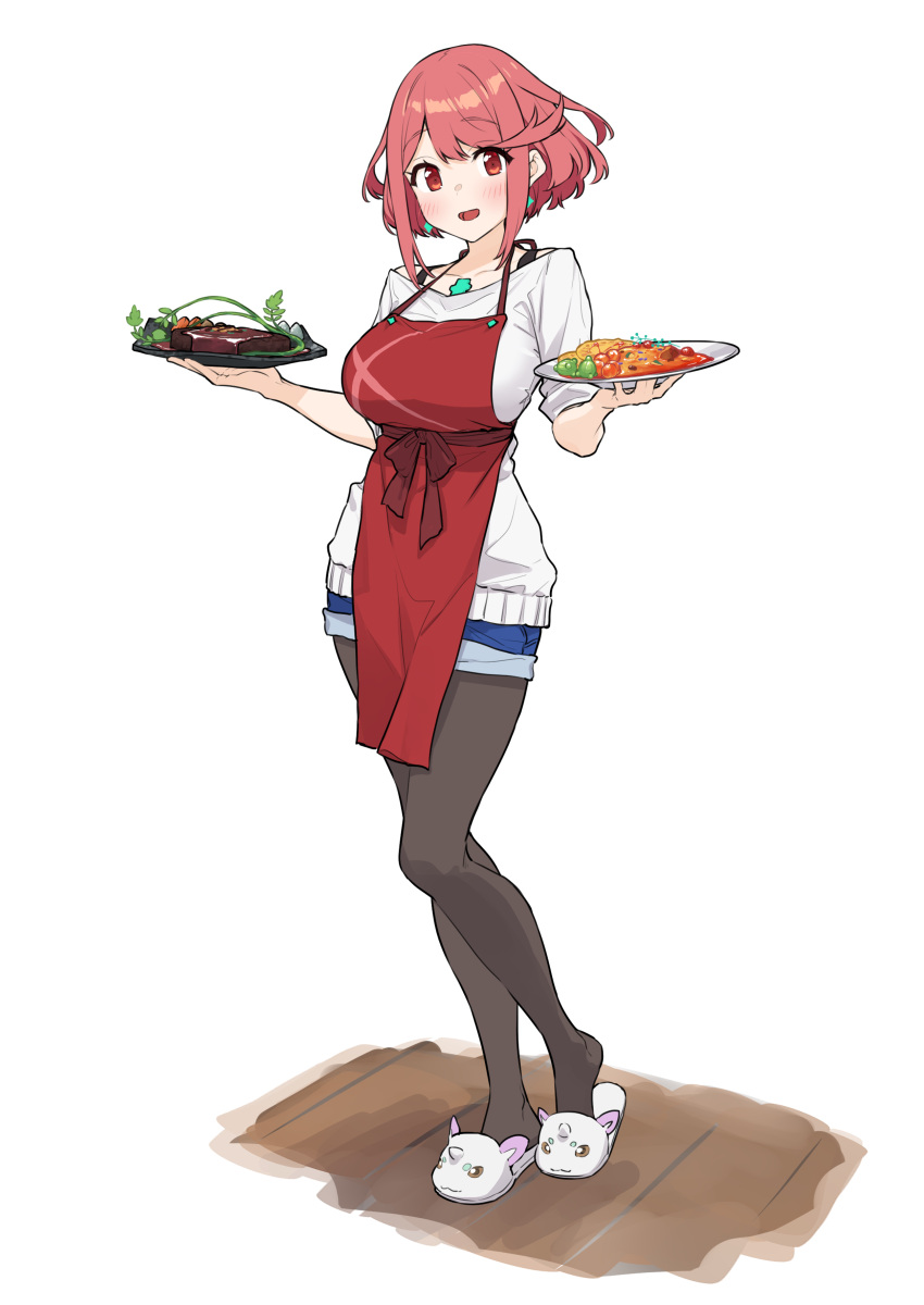 1girl, absurdres, alternate_costume, apron, azurda_(xenoblade), baffu, bangs, black_legwear, breasts, chest_jewel, denim, denim_shorts, earrings, eyebrows_visible_through_hair, food, gem, highres, holding, holding_plate, jewelry, large_breasts, looking_at_viewer, pantyhose, plate, pyra_(xenoblade), red_apron, red_eyes, redhead, shirt, short_hair, shorts, sidelocks, simple_background, slippers, solo, white_shirt, xenoblade_chronicles_(series), xenoblade_chronicles_2