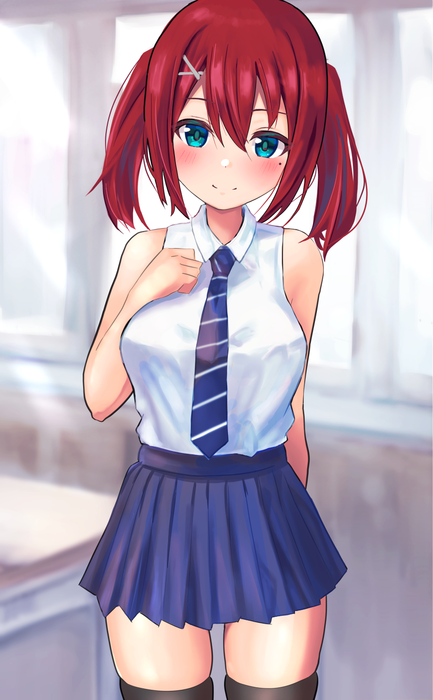 1girl, aqua_eyes, black_legwear, blue_neckwear, blue_skirt, breasts, cowboy_shot, highres