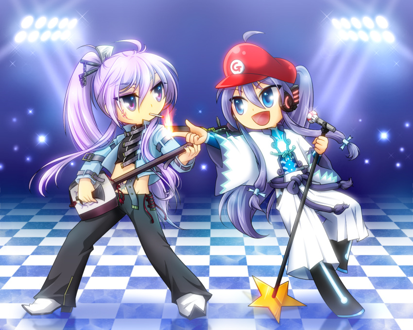 :d, ahoge, artist_request, blue_eyes, checkered_floor, chibi, dual_persona, hat