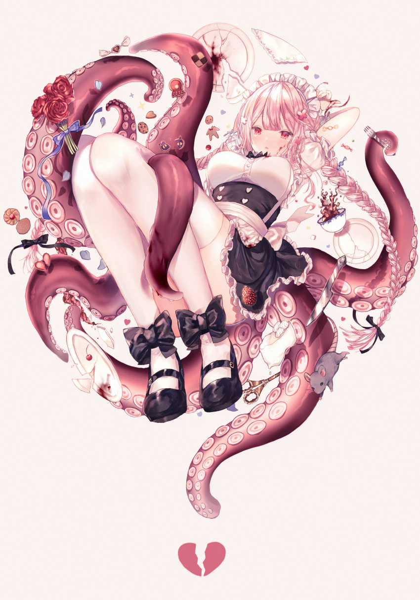 1girl, absurdres, apron, arm_behind_head, back_bow, bangs, black_bow, black_footwear